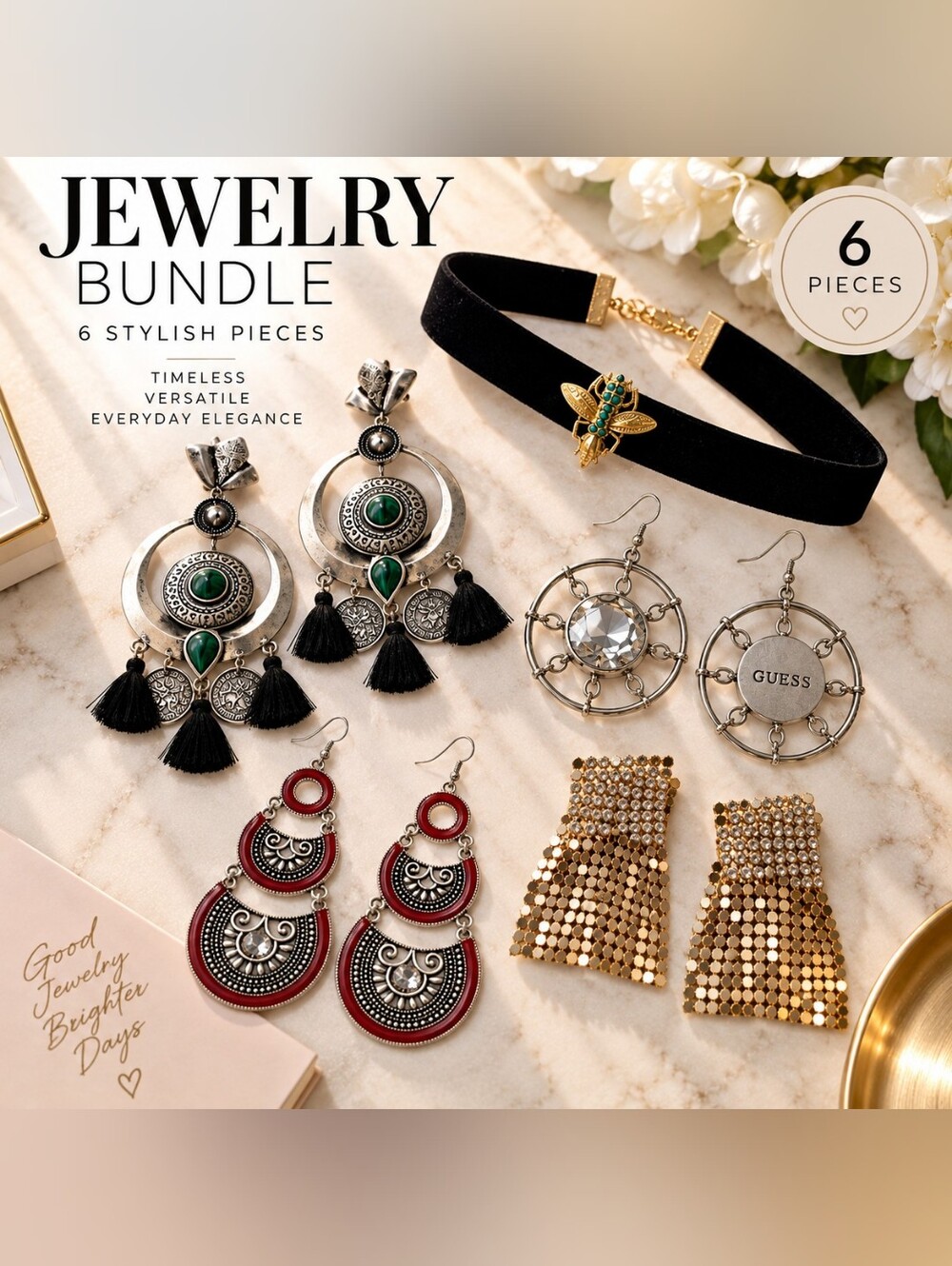 Fashion Jewelry Bundle – 6 Pairs of Earrings + Bee Velvet Choker – GUESS
